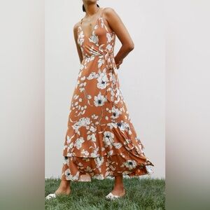 Anthropologie Ruffled Floral Midi Dress, Brown Motif, Size Small